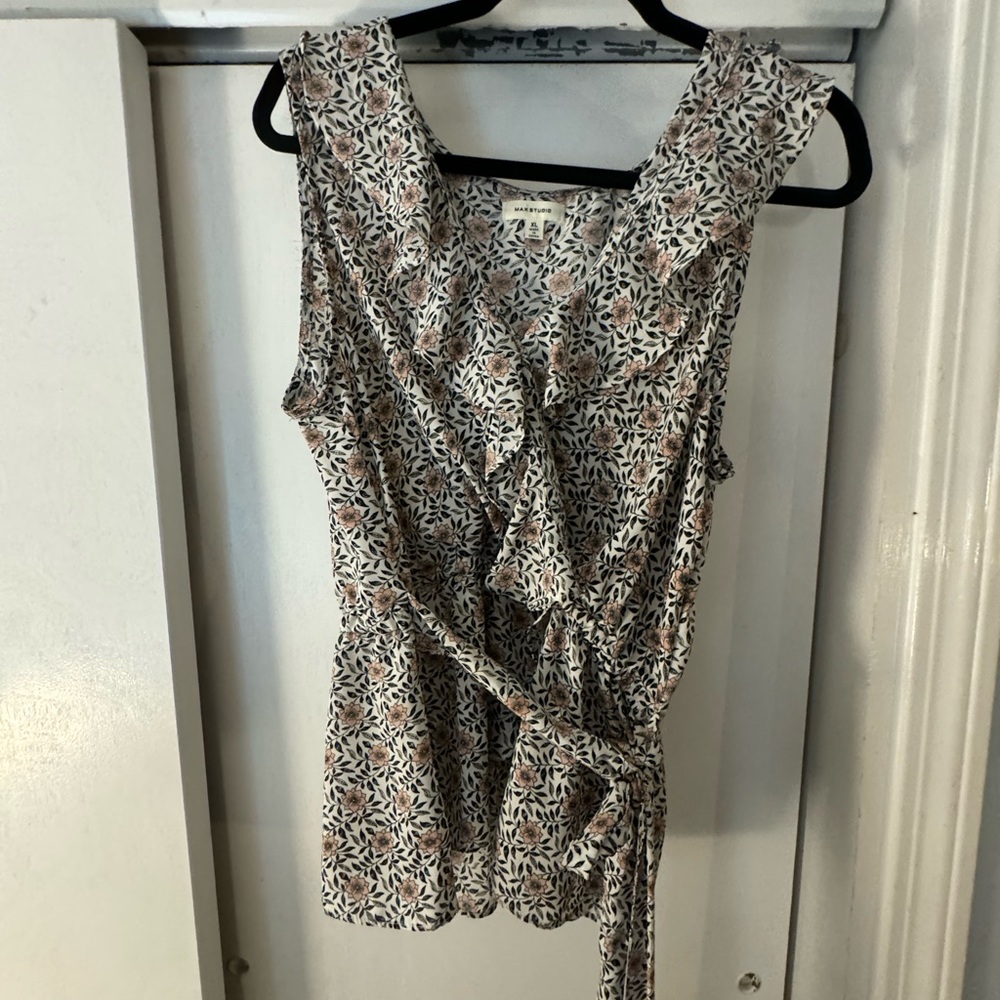 Max Studio Pink & Black Peplum Blouse with Sailor Collar & Tie Waist